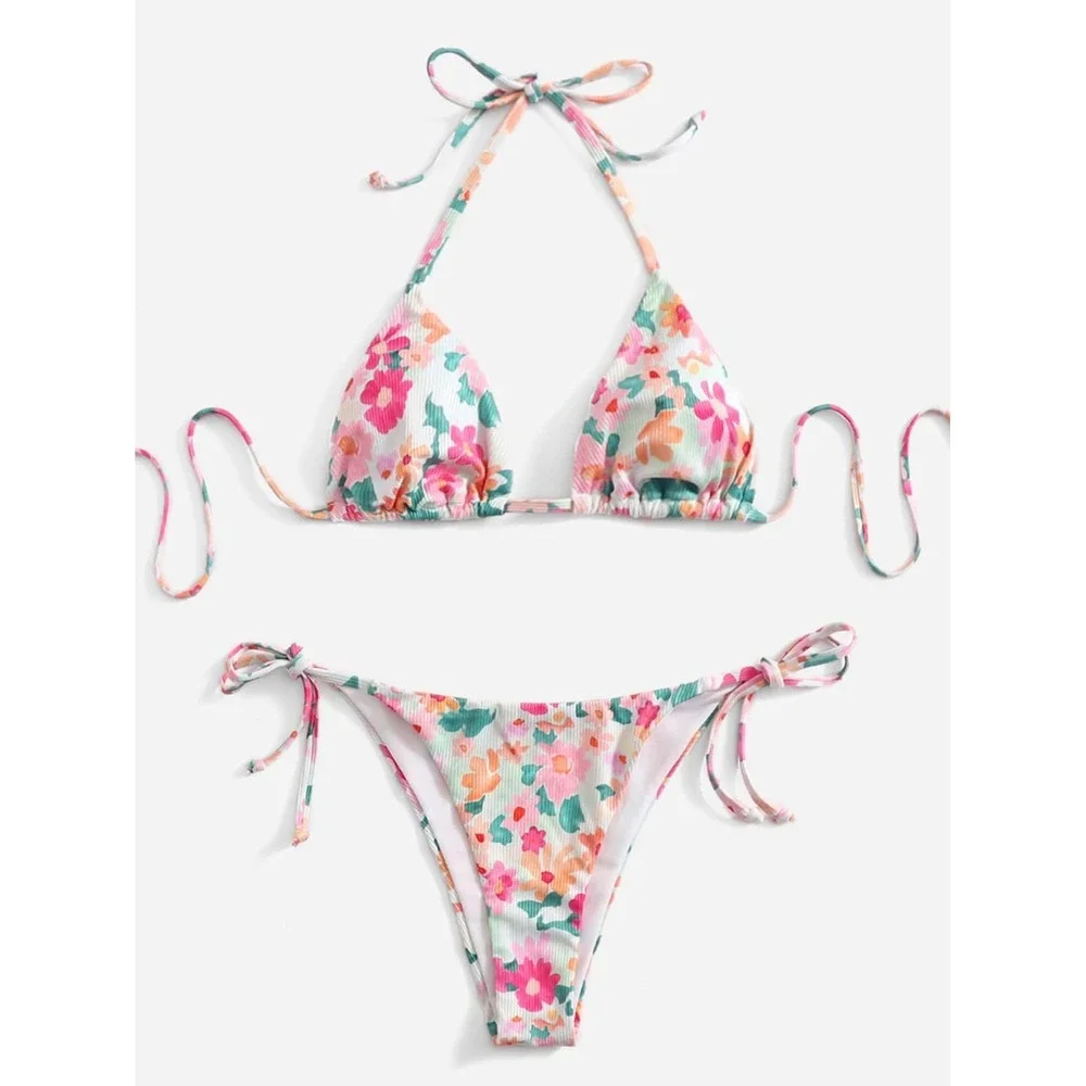SHEIN Floral Ribbed Triangle Bikini Set Multicolor‎ Side Tie Swimsuit Size Small